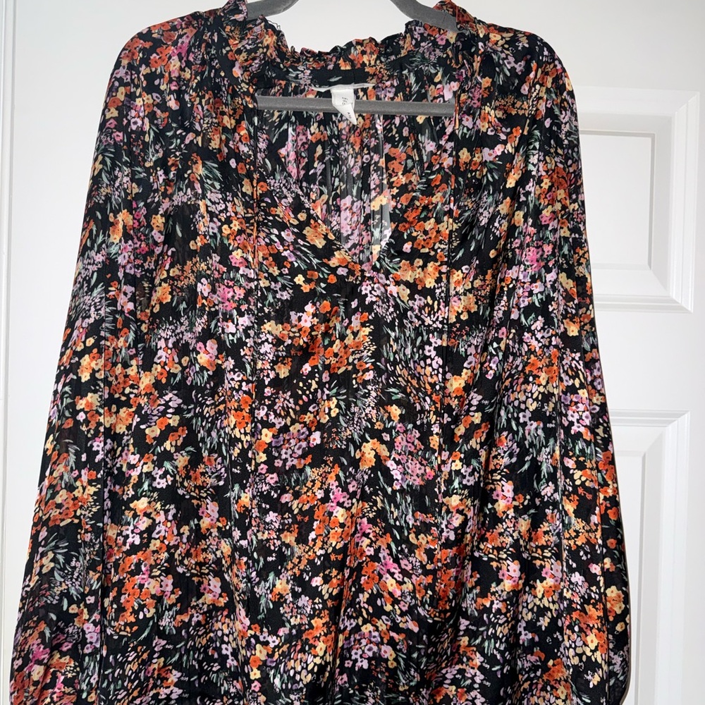 H&M Floral Long Sleeve Blouse in Black with Pink & Orange Flowers